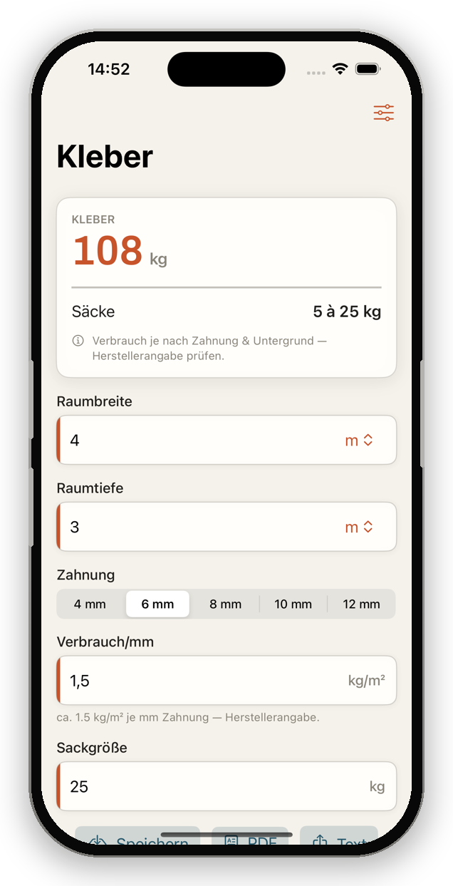 TileWright App – Fliesenkleber-Verbrauch berechnen