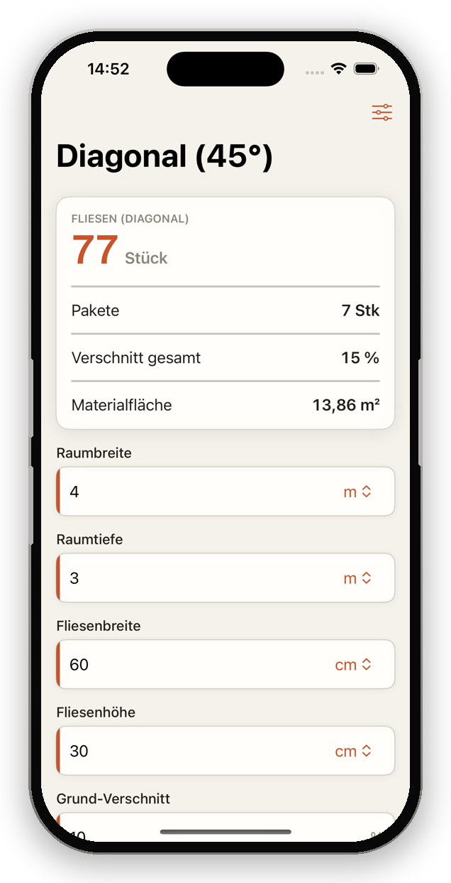 TileWright App – Fliesen diagonal verlegen: Bedarf berechnen